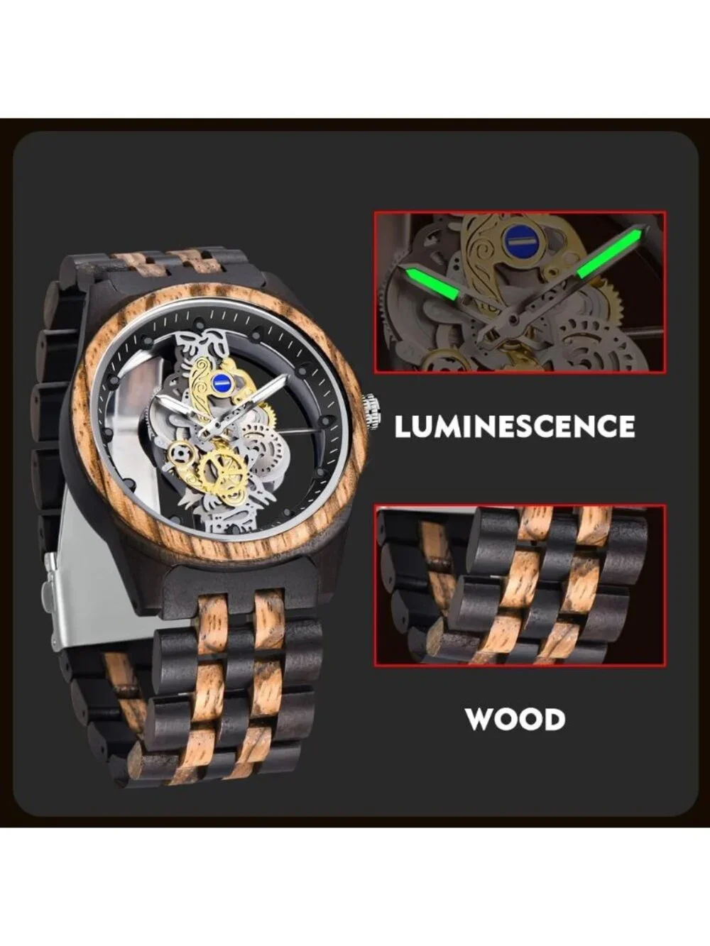 Mens Black Brown Skeleton Buckle Analog Quartz Classic Sports Round Wooden Watch